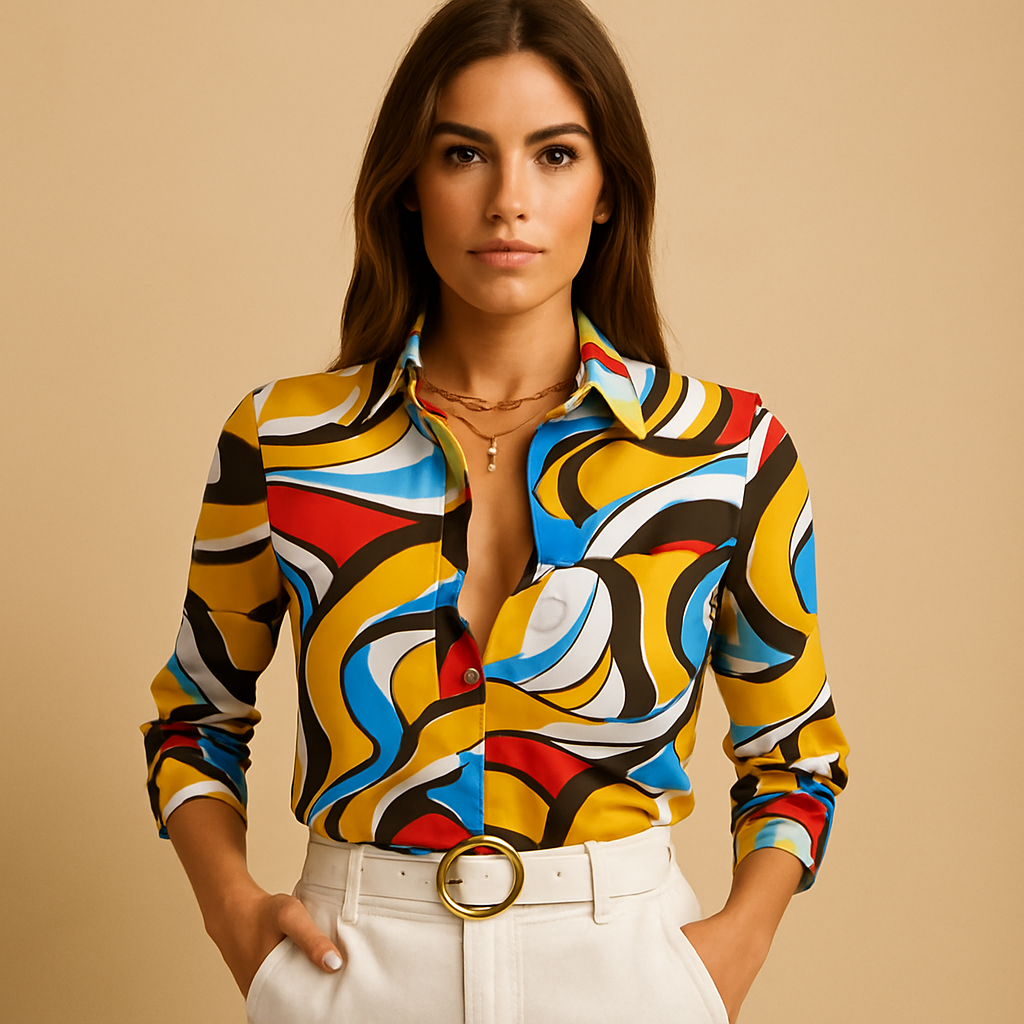 Women’s wrap blouse with bold print and relaxed fit, perfect for office wear, casual outfits, and stylish evenings out.
