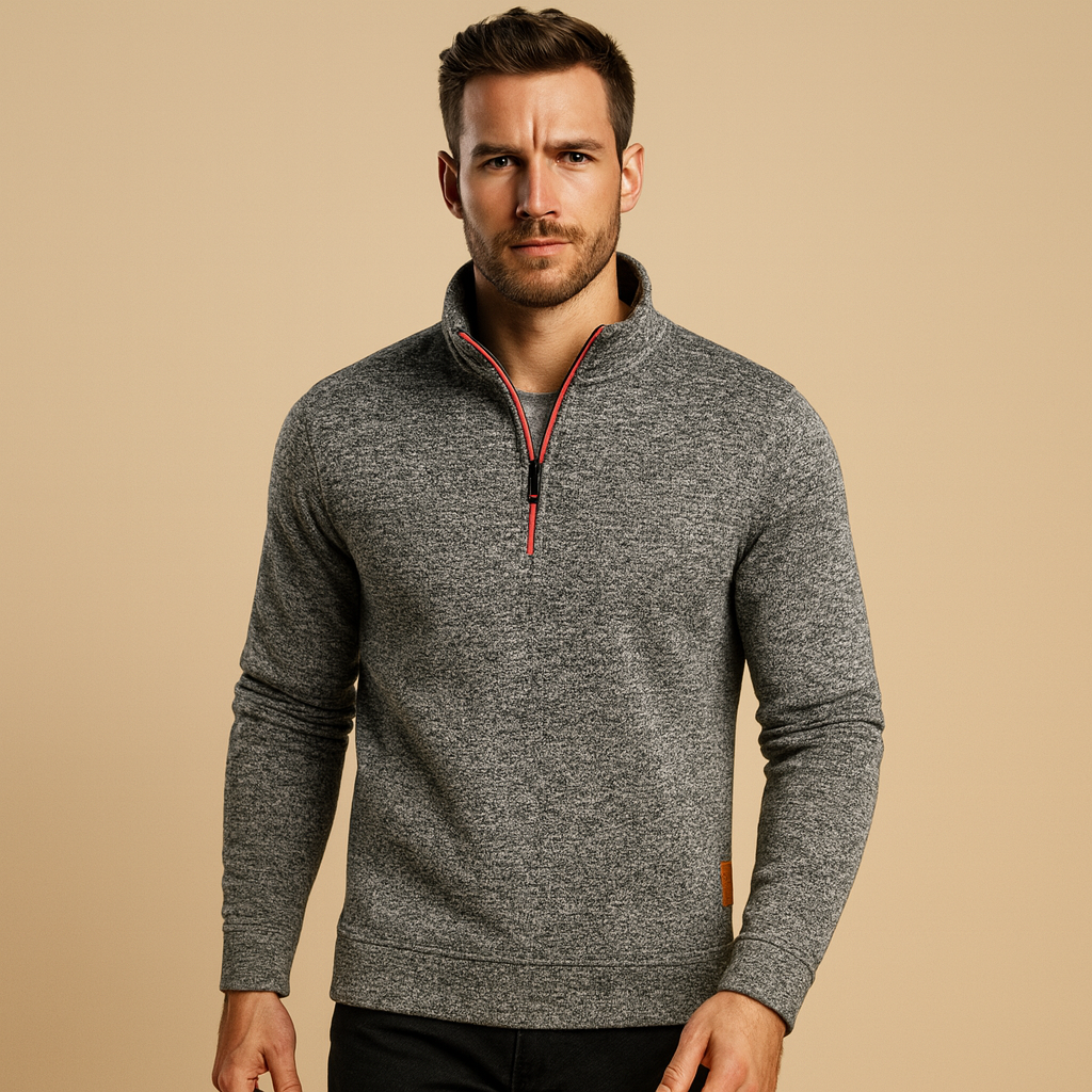 Men’s zipped sweater with modern design in blue, black, gray, and red, perfect for casual and semi-formal wear in spring, autumn, and winter.
