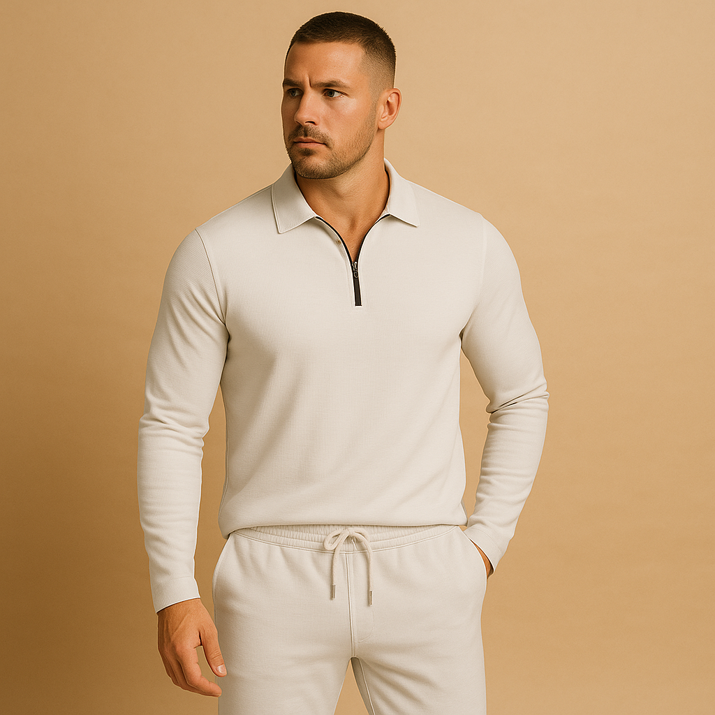 Men’s zipper polo tracksuit with slim fit and tapered joggers, perfect for casual outings and everyday comfort.