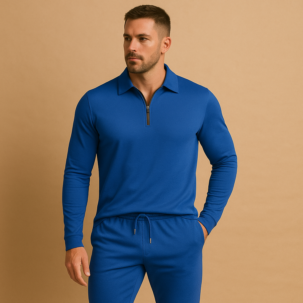 Men’s zipper polo tracksuit with slim fit and tapered joggers, perfect for casual outings and everyday comfort.