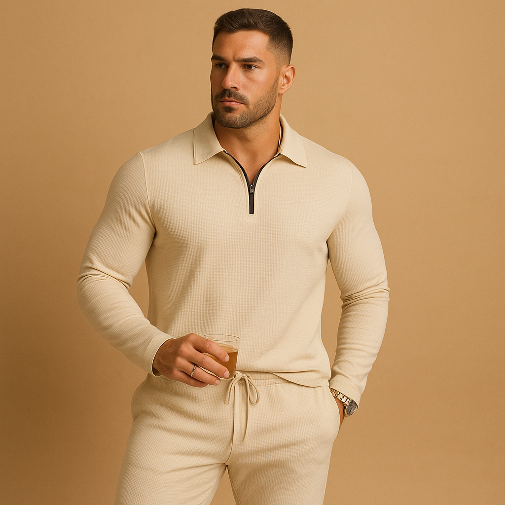 Men’s zipper polo tracksuit with slim fit and tapered joggers, perfect for casual outings and everyday comfort.