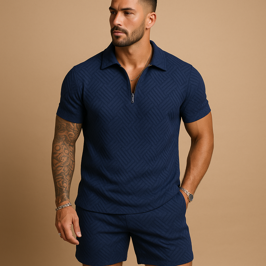 Men’s zippered summer set with T-shirt and shorts, perfect for beach days, casual wear, and warm weather comfort.
