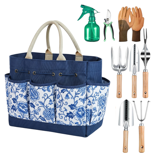 9-Piece Gardening Tool Set with Floral Tote Bag and Hand Tools