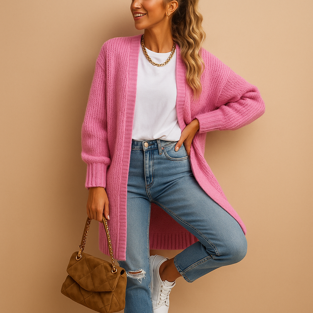 Classic knitted cardigan for women in soft breathable fabric with relaxed fit and open front design. Perfect for winter and transitional seasons.