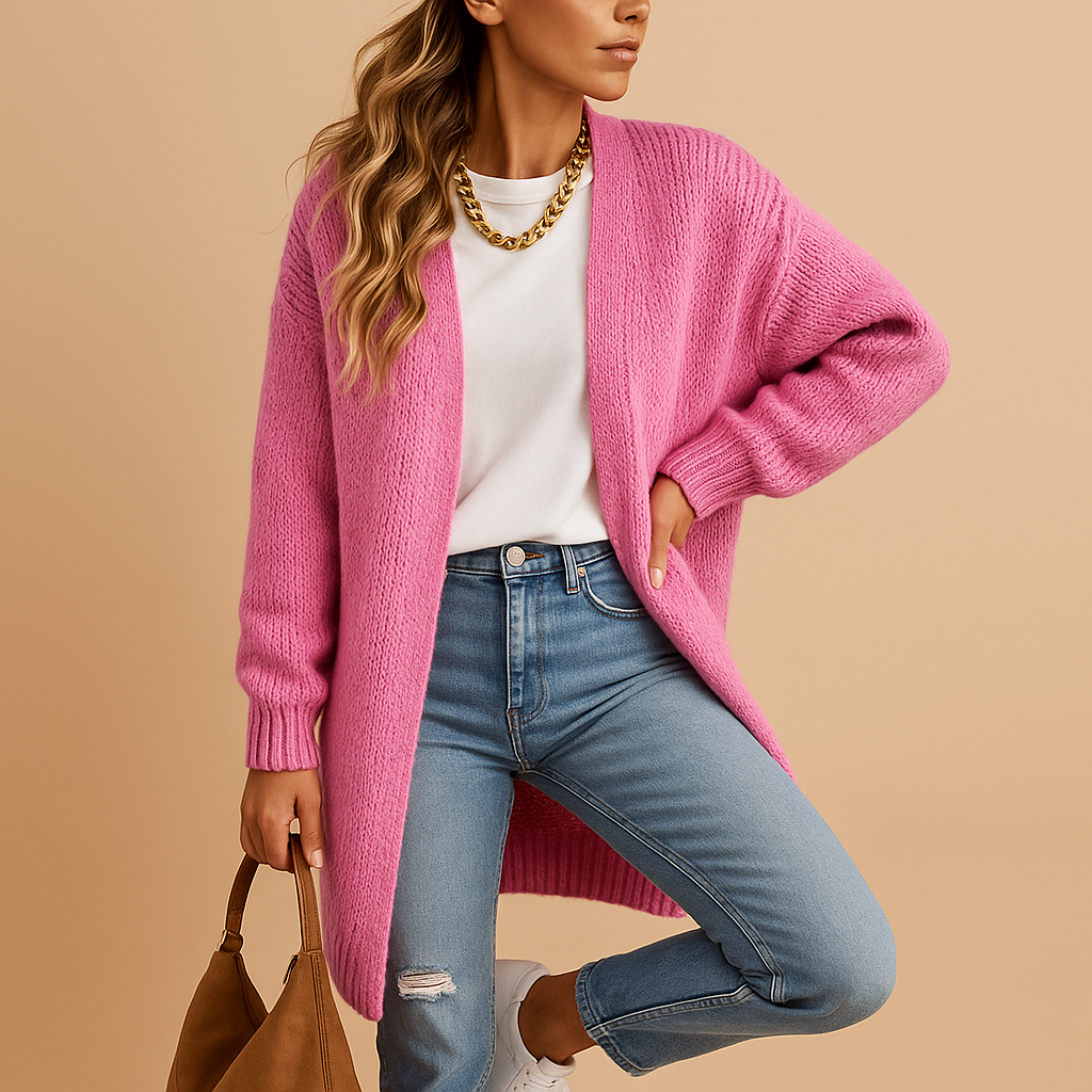 Classic knitted cardigan for women in soft breathable fabric with relaxed fit and open front design. Perfect for winter and transitional seasons.