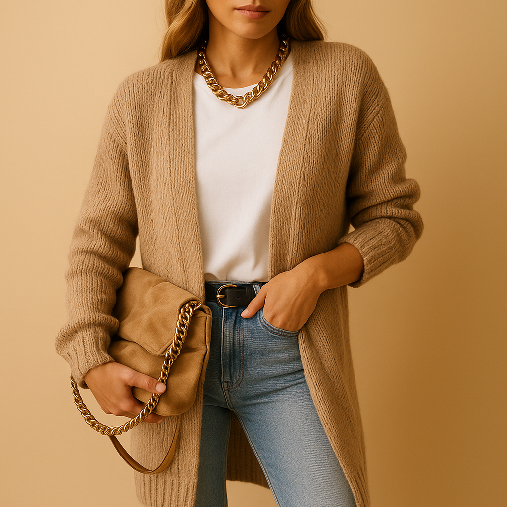 Classic knitted cardigan for women in soft breathable fabric with relaxed fit and open front design. Perfect for winter and transitional seasons.