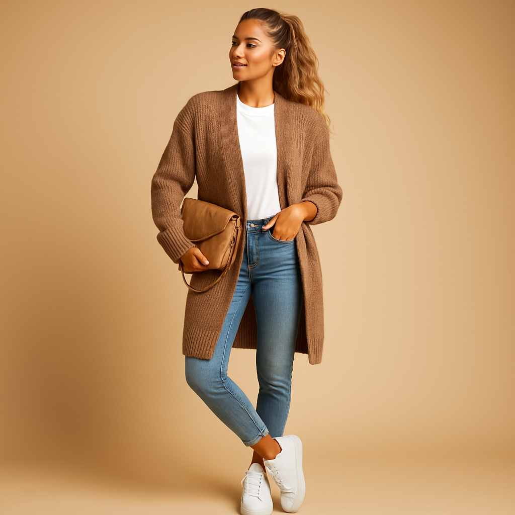 Classic knitted cardigan for women in soft breathable fabric with relaxed fit and open front design. Perfect for winter and transitional seasons.