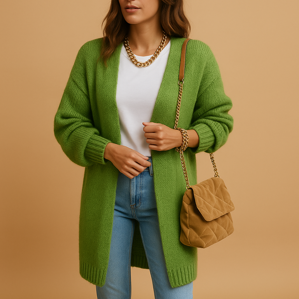 Classic knitted cardigan for women in soft breathable fabric with relaxed fit and open front design. Perfect for winter and transitional seasons.
