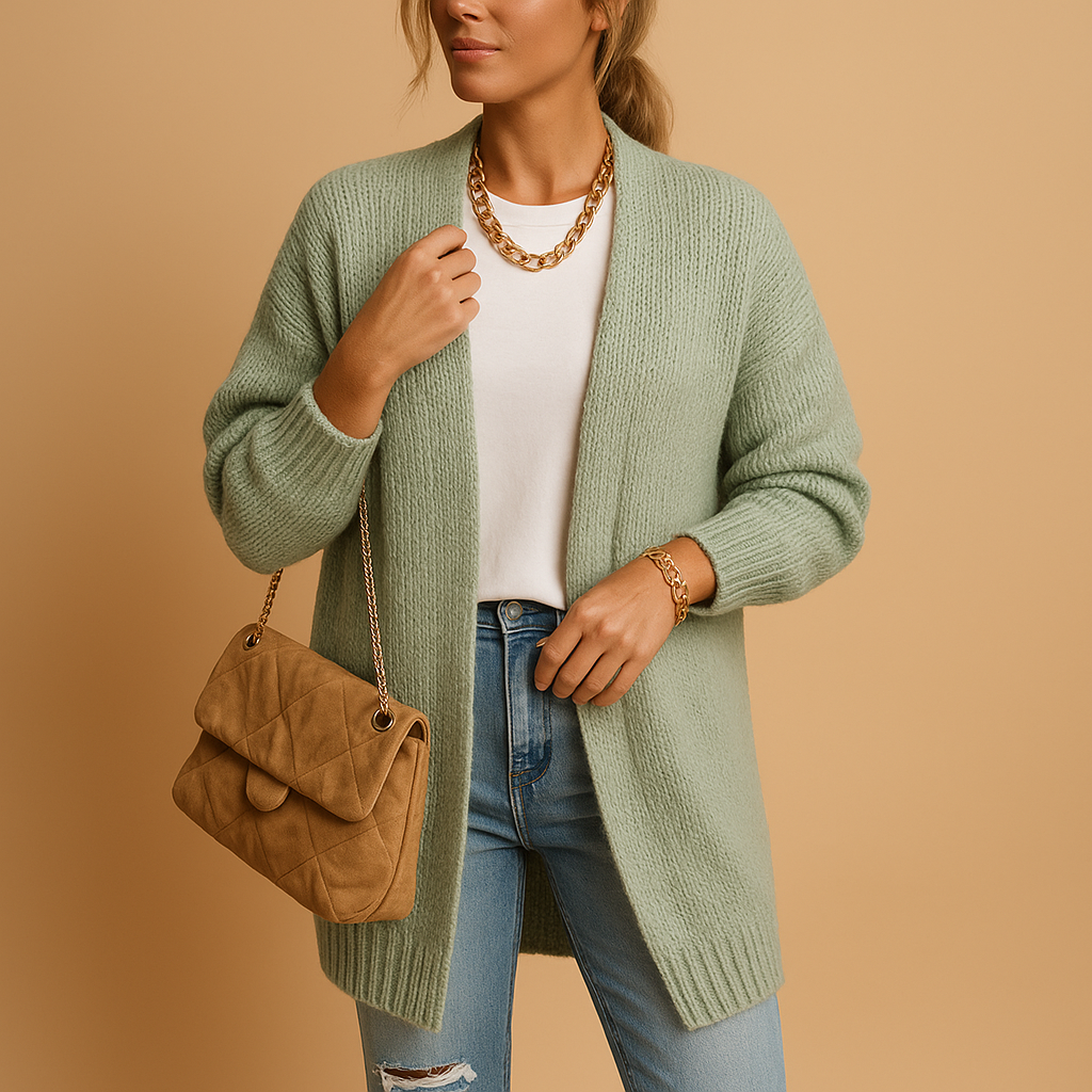 Classic knitted cardigan for women in soft breathable fabric with relaxed fit and open front design. Perfect for winter and transitional seasons.