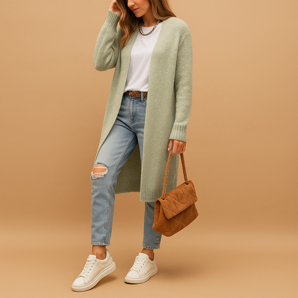 Classic knitted cardigan for women in soft breathable fabric with relaxed fit and open front design. Perfect for winter and transitional seasons.