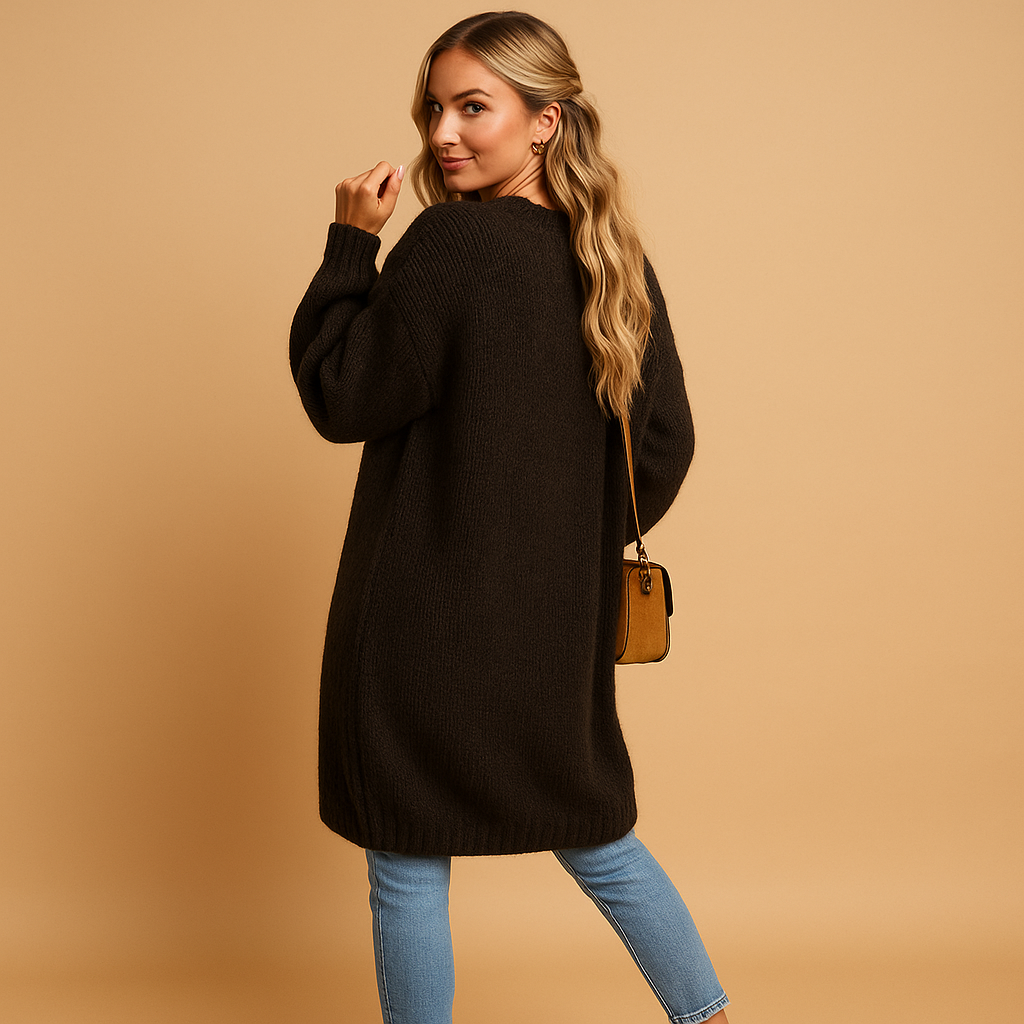 Classic knitted cardigan for women in soft breathable fabric with relaxed fit and open front design. Perfect for winter and transitional seasons.
