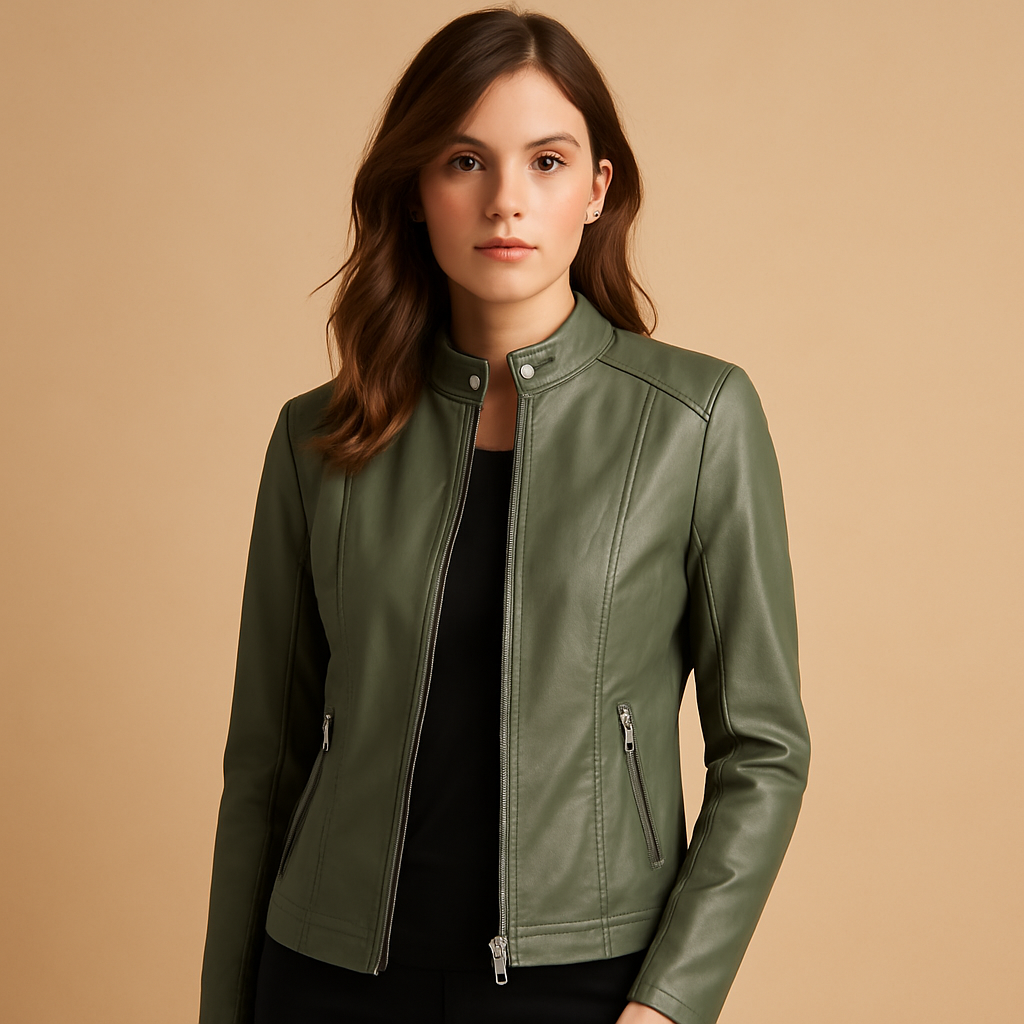 Women’s faux leather biker jacket with symmetrical zipper, snap-button collar, and silver details. Perfect for casual or elegant outfits.