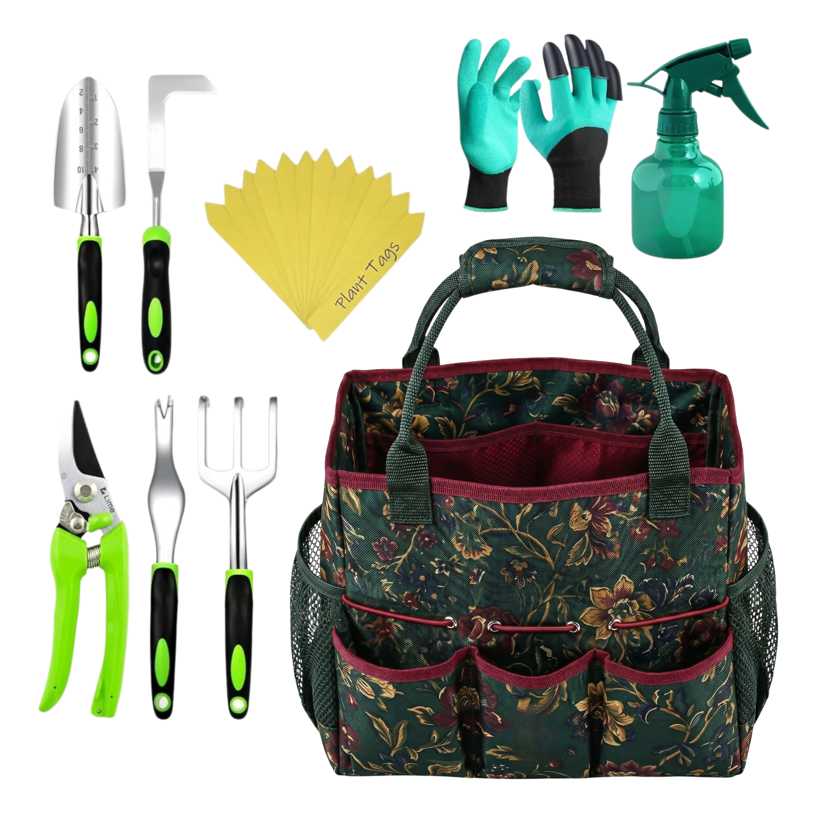 Gardening Tool Set with Storage Tote, Plant Tags, Gloves, and Sprayer