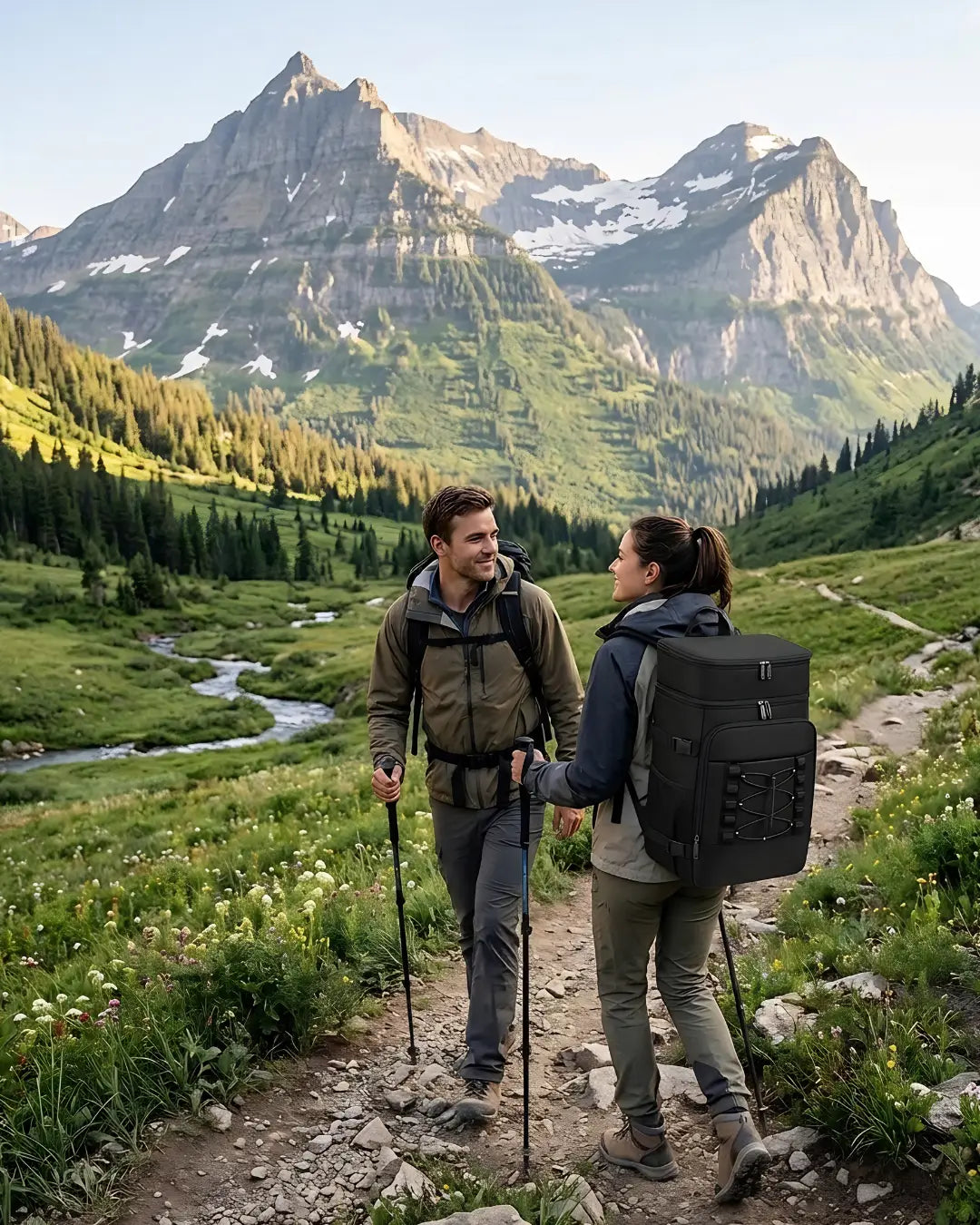 Hiker pausing at sunrise on a coastal trail in Coral Styles outdoor gear