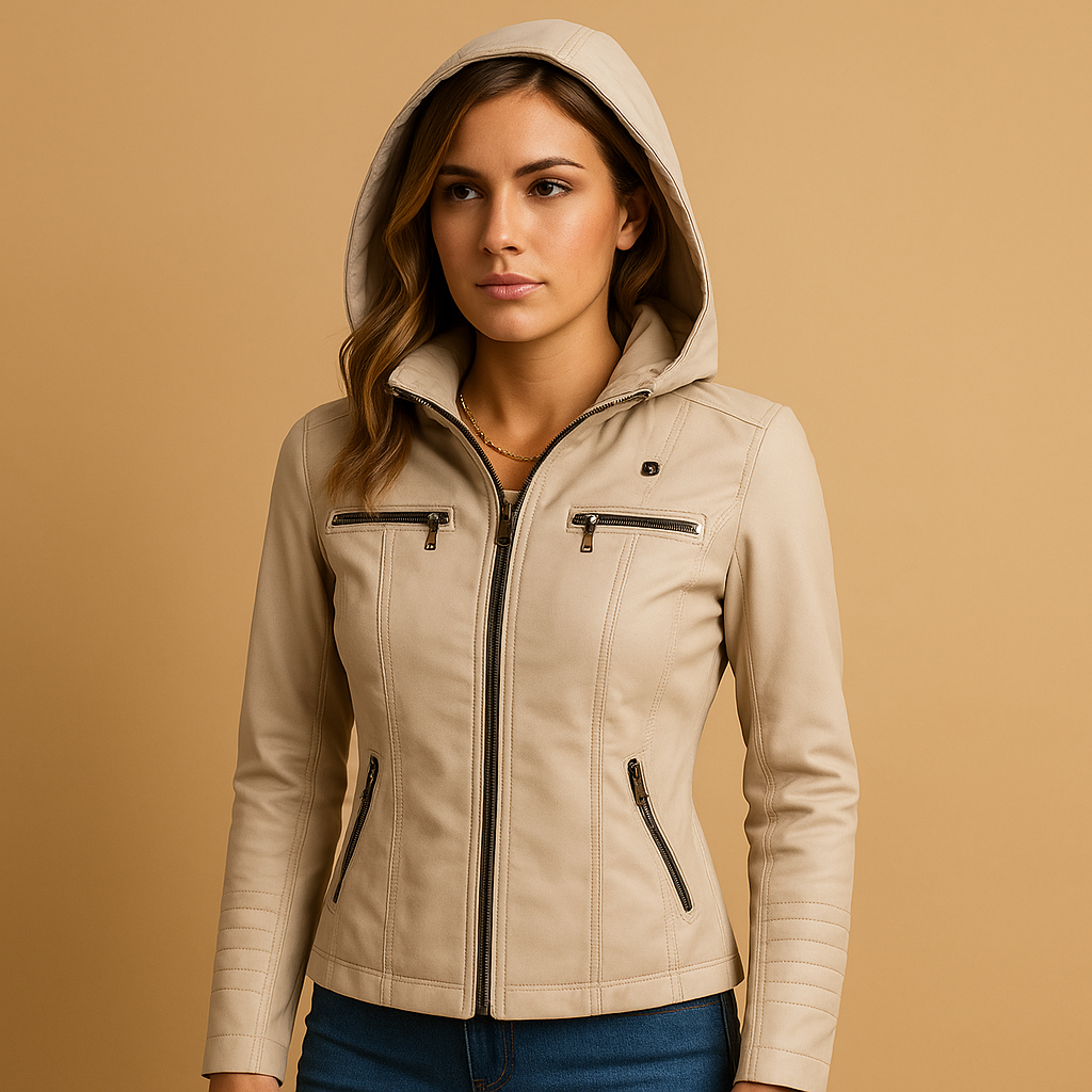 Women’s leather biker jacket in premium genuine leather with tailored fit, durable design, and versatile style for casual or formal outfits.