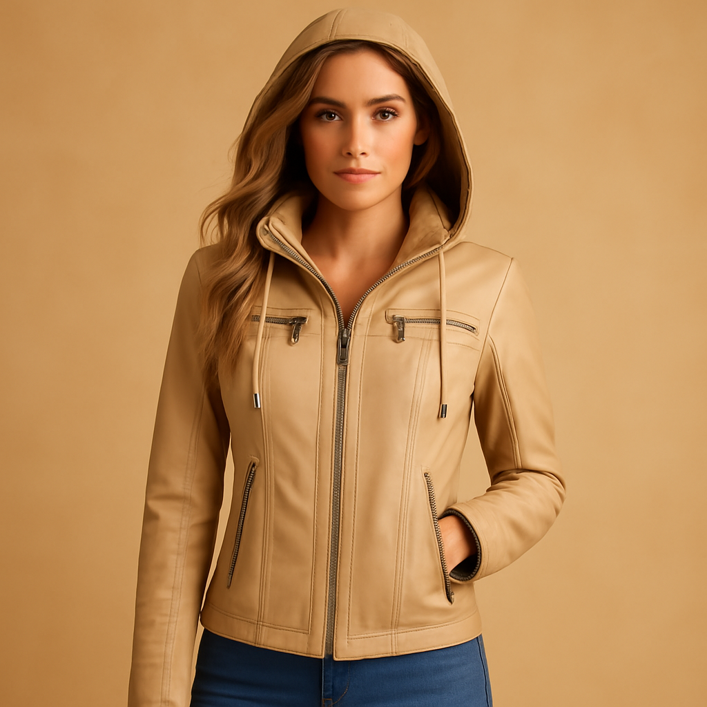 Women’s leather biker jacket in premium genuine leather with tailored fit, durable design, and versatile style for casual or formal outfits.
