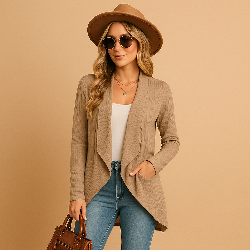 Long knitted cardigan for women in soft solid-colored knit with a relaxed fit, perfect for layering in autumn and spring outfits.