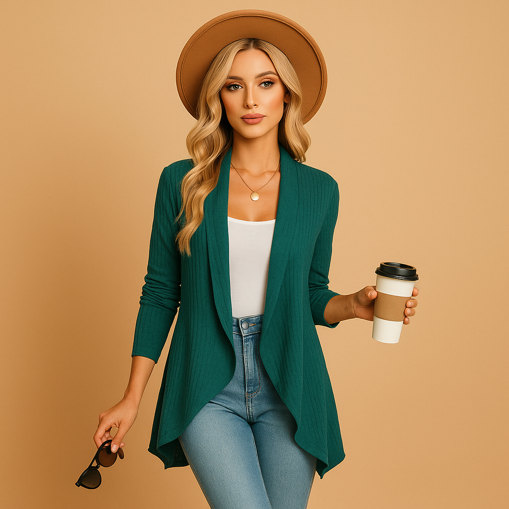 Long knitted cardigan for women in soft solid-colored knit with a relaxed fit, perfect for layering in autumn and spring outfits.