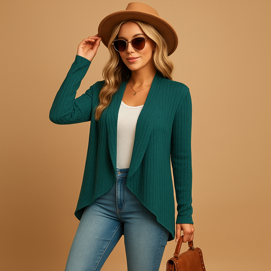 Long knitted cardigan for women in soft solid-colored knit with a relaxed fit, perfect for layering in autumn and spring outfits.
