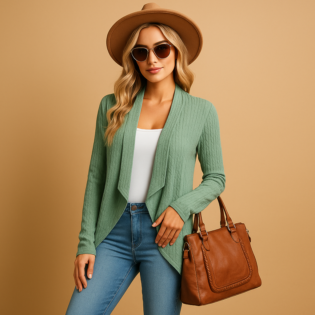Long knitted cardigan for women in soft solid-colored knit with a relaxed fit, perfect for layering in autumn and spring outfits.