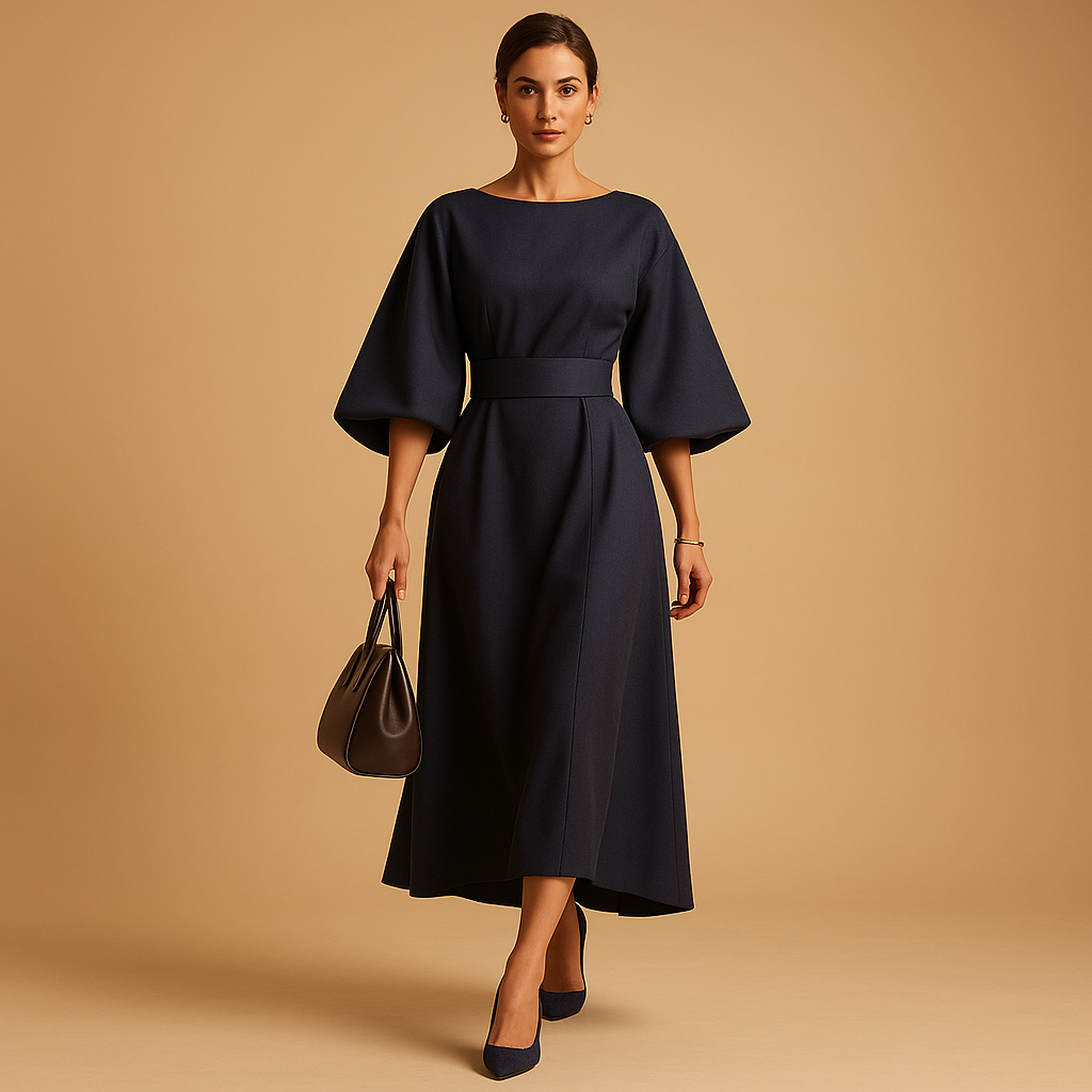 Elegant A-line midi dress with belt for women, featuring stylish bell sleeves and a flattering tailored fit, perfect for work or formal events.