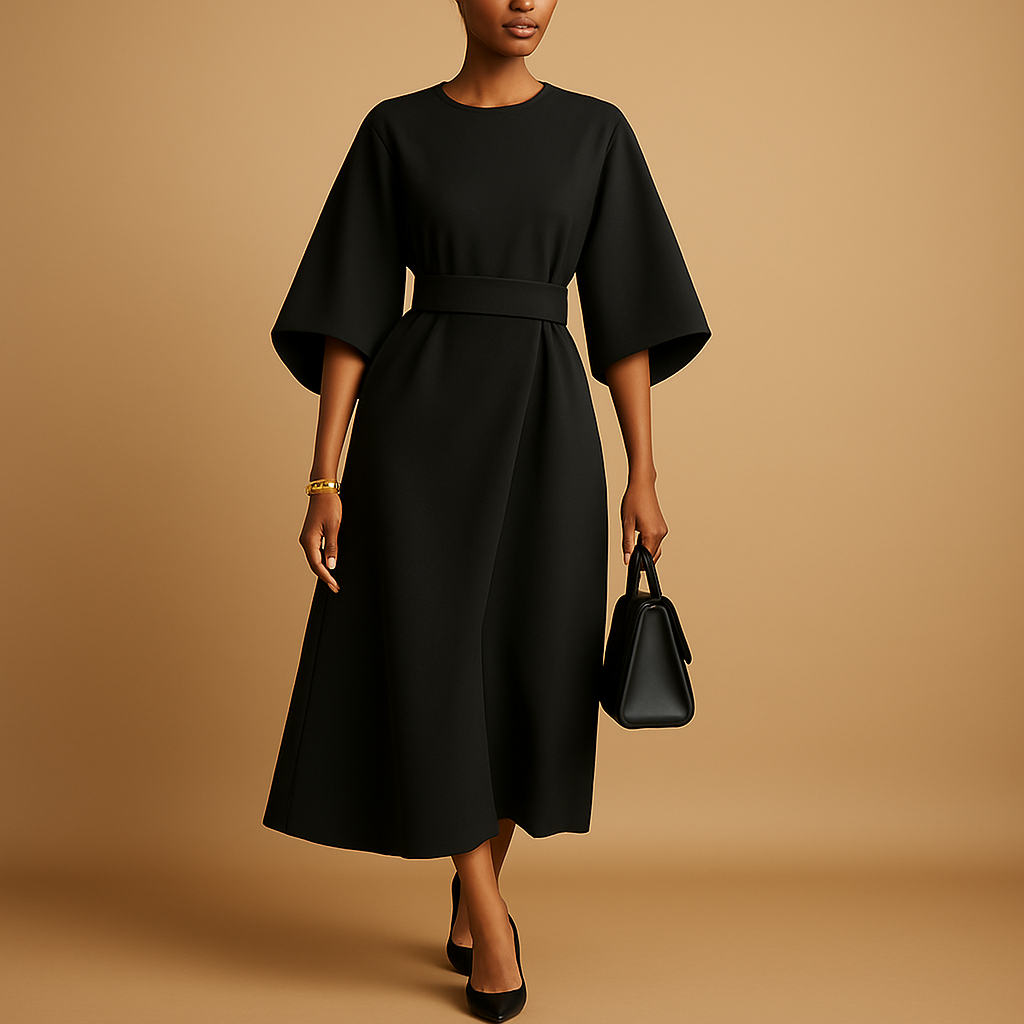 Elegant A-line midi dress with belt for women, featuring stylish bell sleeves and a flattering tailored fit, perfect for work or formal events.