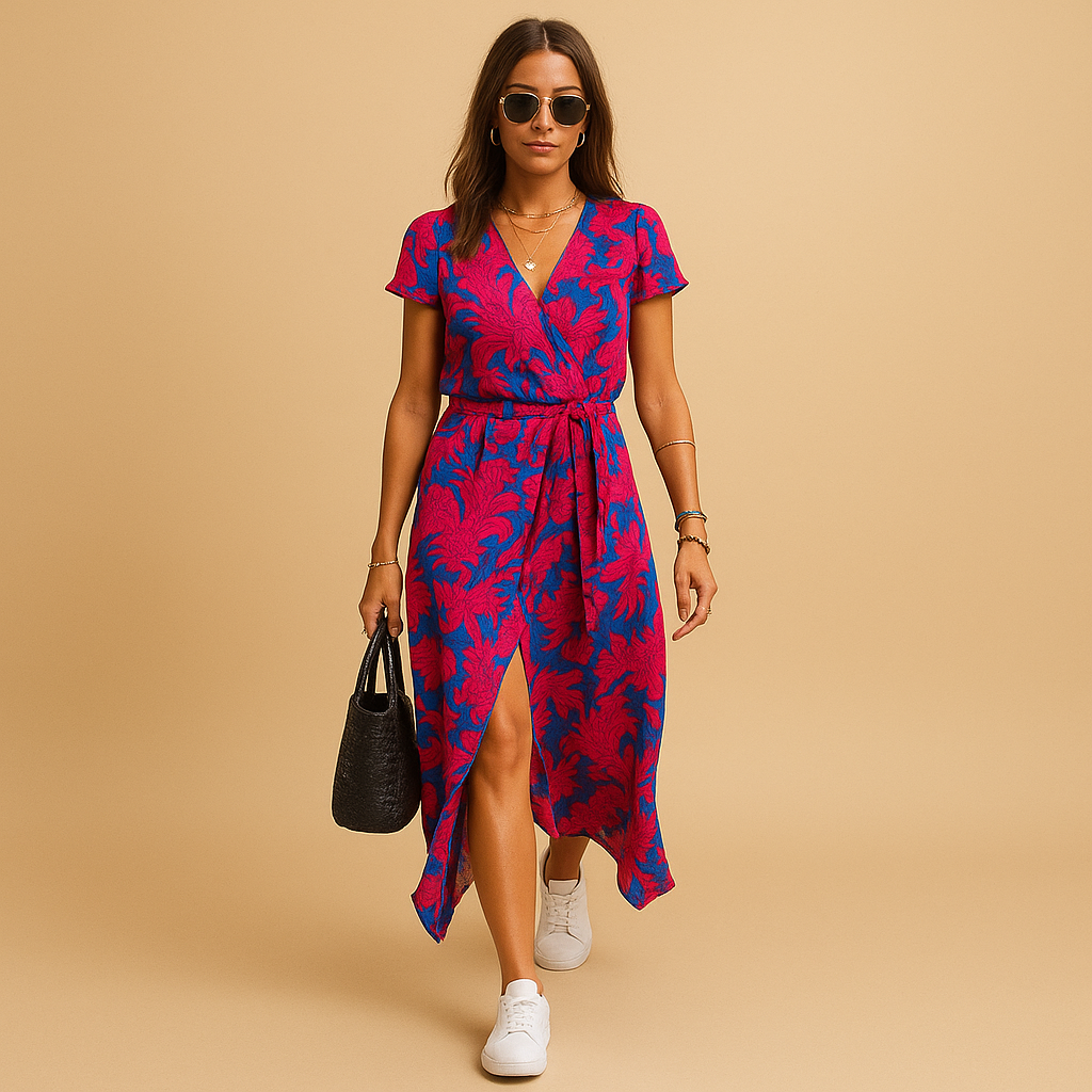 Women’s A-line summer dress with puff sleeves, V-neck, and button details, ideal for casual outings and elegant warm-weather occasions.