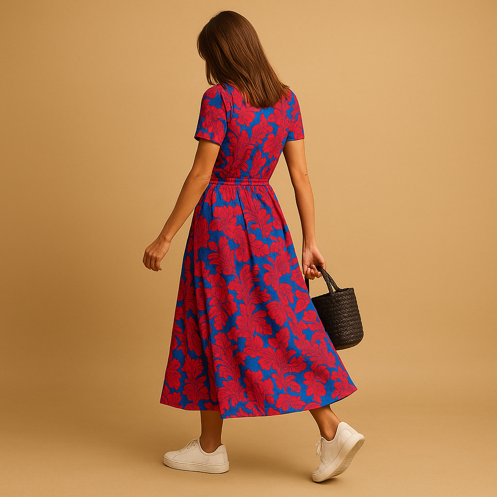 Women’s A-line summer dress with puff sleeves, V-neck, and button details, ideal for casual outings and elegant warm-weather occasions.