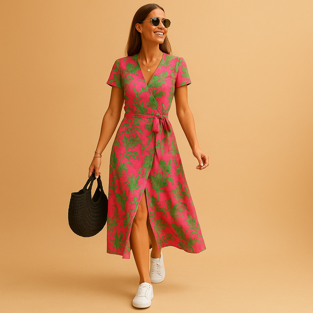 Women’s A-line summer dress with puff sleeves, V-neck, and button details, ideal for casual outings and elegant warm-weather occasions.