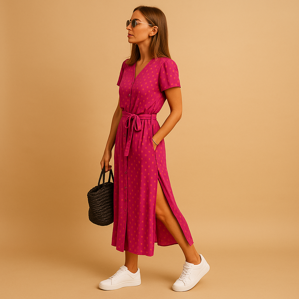 Women’s A-line summer dress with puff sleeves, V-neck, and button details, ideal for casual outings and elegant warm-weather occasions.
