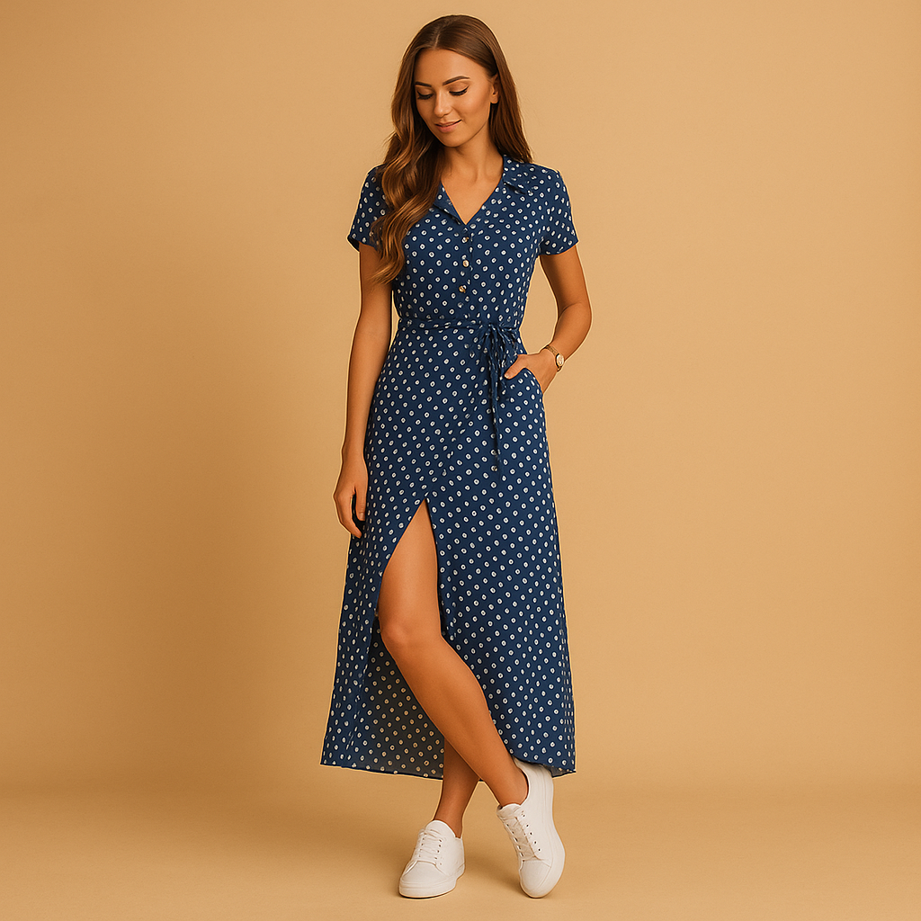 Women’s A-line summer dress with puff sleeves, V-neck, and button details, ideal for casual outings and elegant warm-weather occasions.
