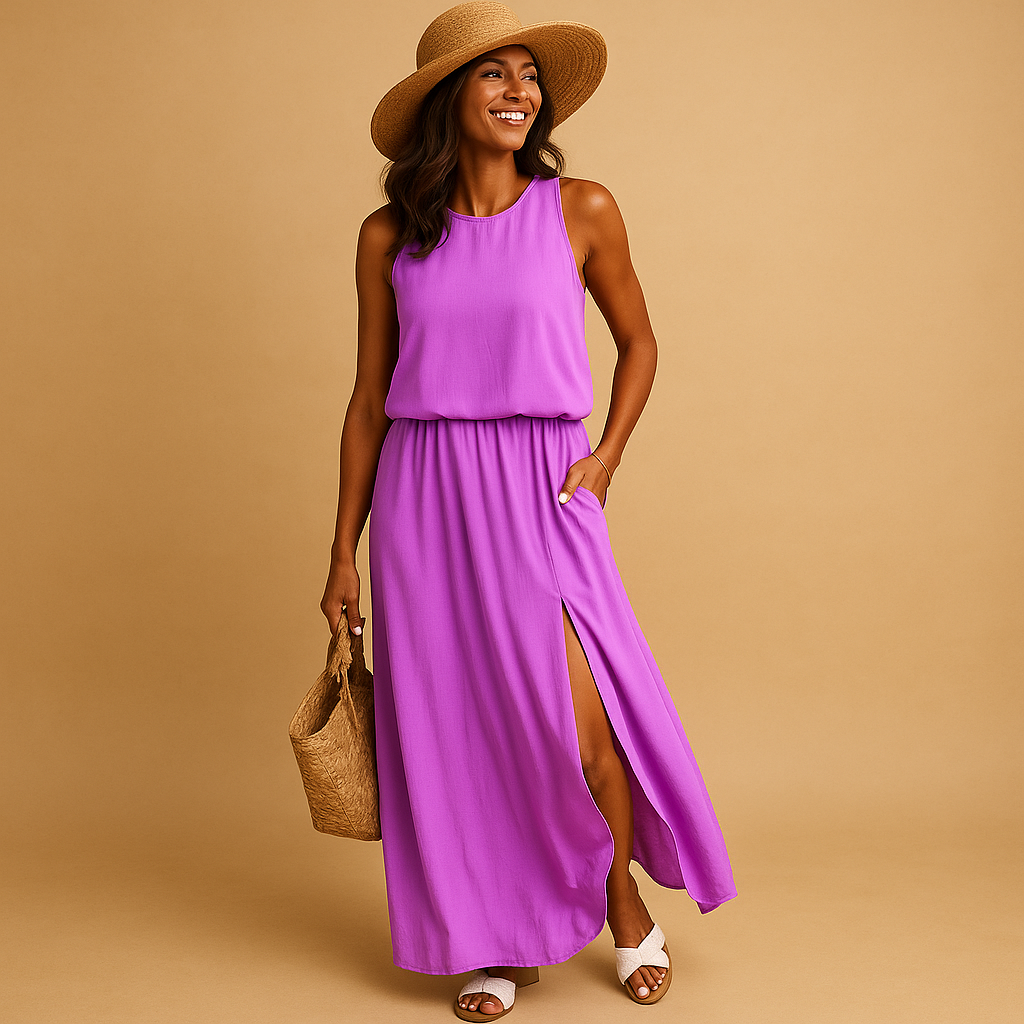Women’s airy summer dress with breathable fabric, loose knee-length fit, and short sleeves. Perfect for casual days or chic summer evenings.