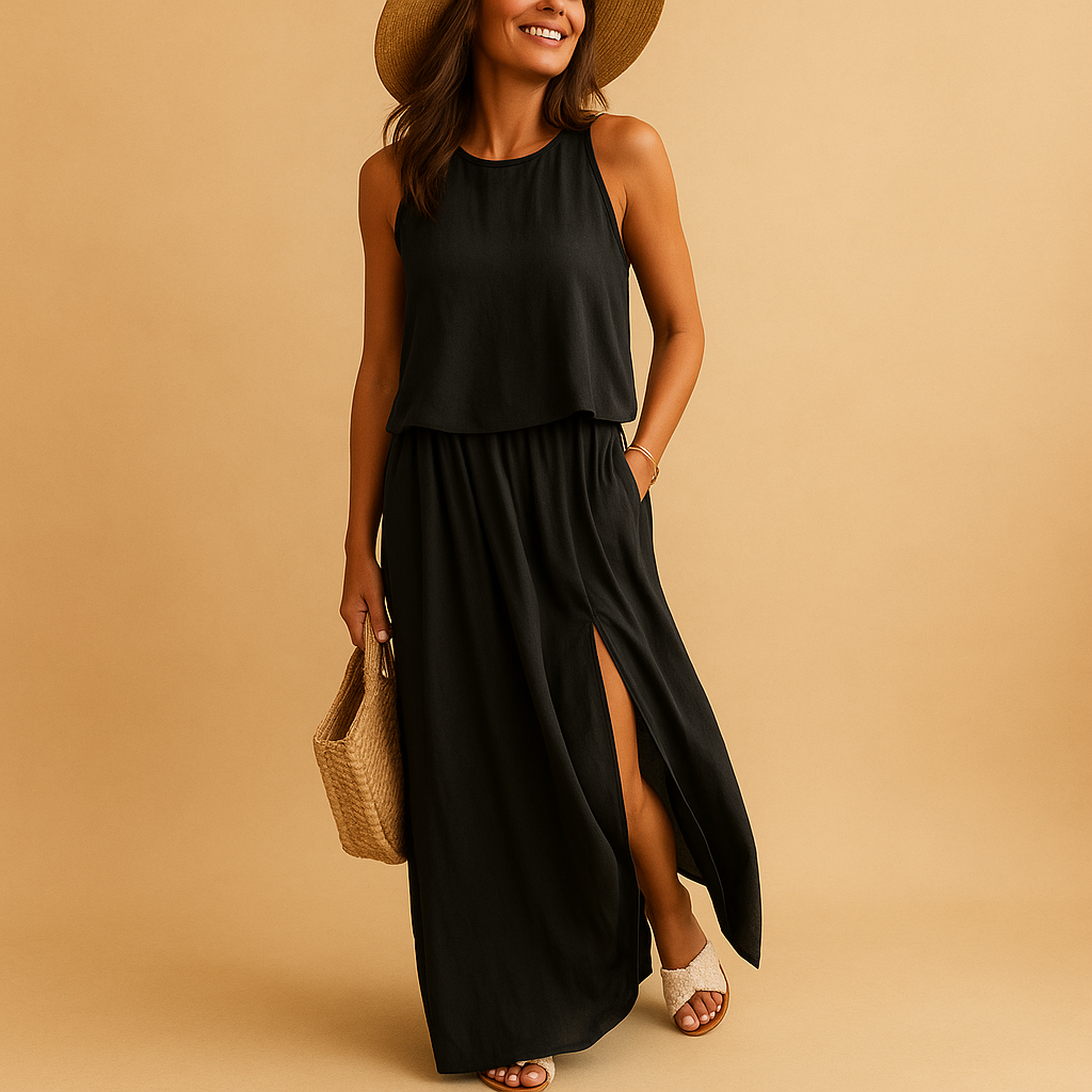 Women’s airy summer dress with breathable fabric, loose knee-length fit, and short sleeves. Perfect for casual days or chic summer evenings.