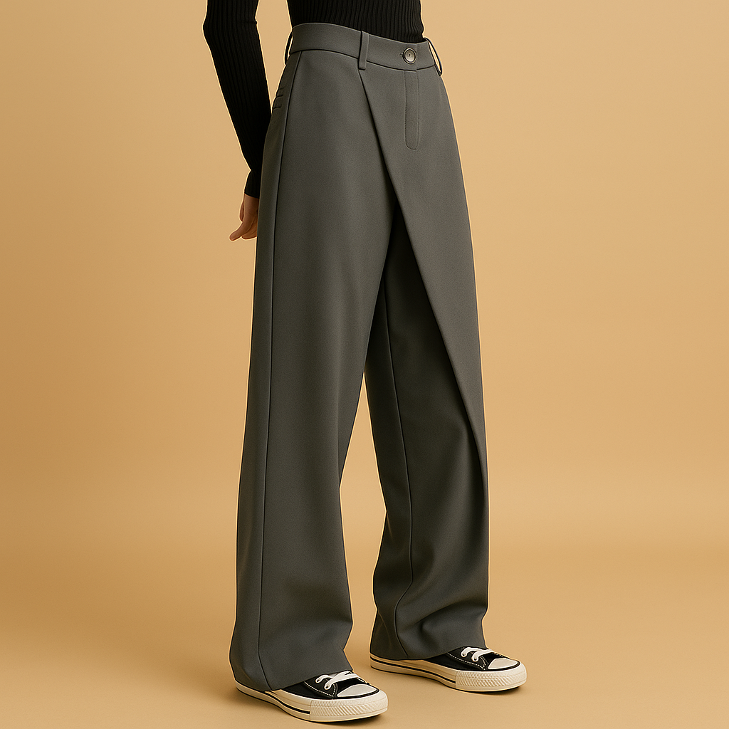Women’s asymmetrical baggy pants with double button closure and loose fit, perfect for casual looks and stylish chic outfits.