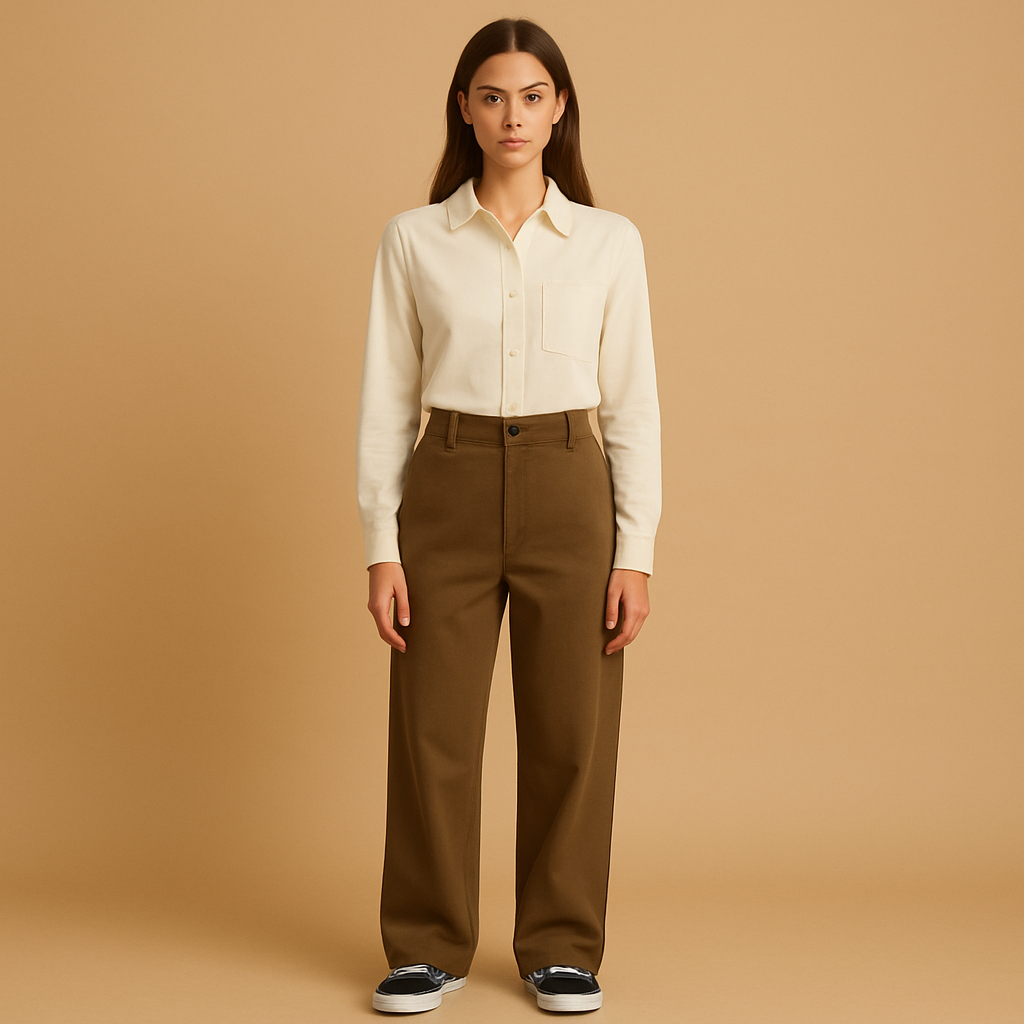 Women’s asymmetrical baggy pants with double button closure and loose fit, perfect for casual looks and stylish chic outfits.