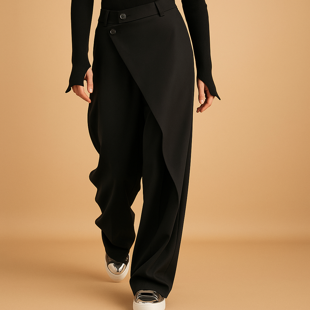 Women’s asymmetrical baggy pants with double button closure and loose fit, perfect for casual looks and stylish chic outfits.