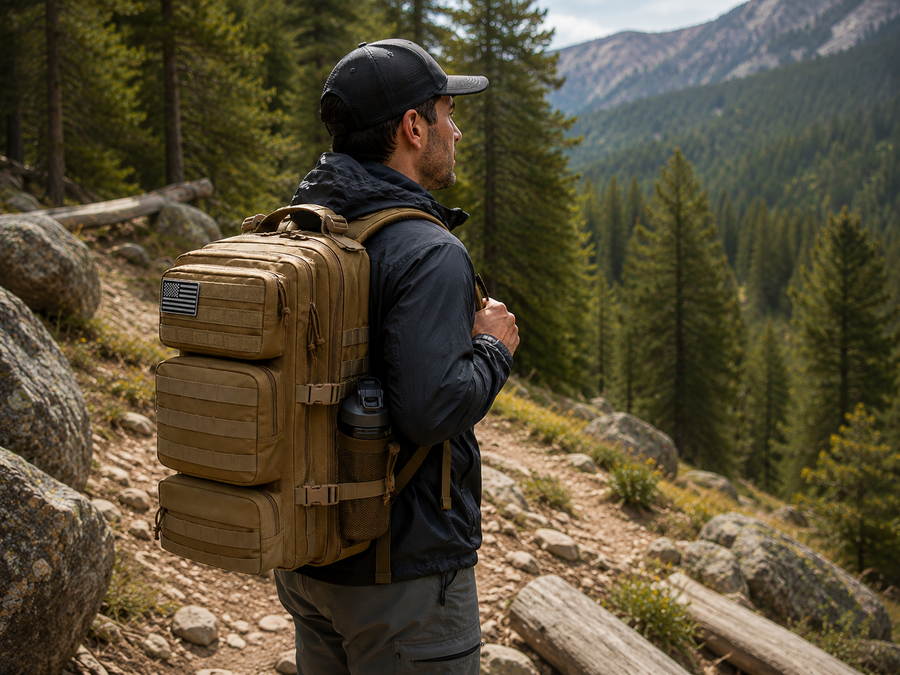 Outdoor backpack packed for a weekend hike