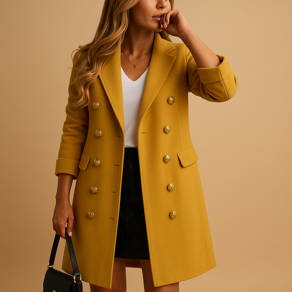 Women’s long belted trench coat with double-breasted buttons and adjustable waist belt, available in black or yellow for all-season elegance.