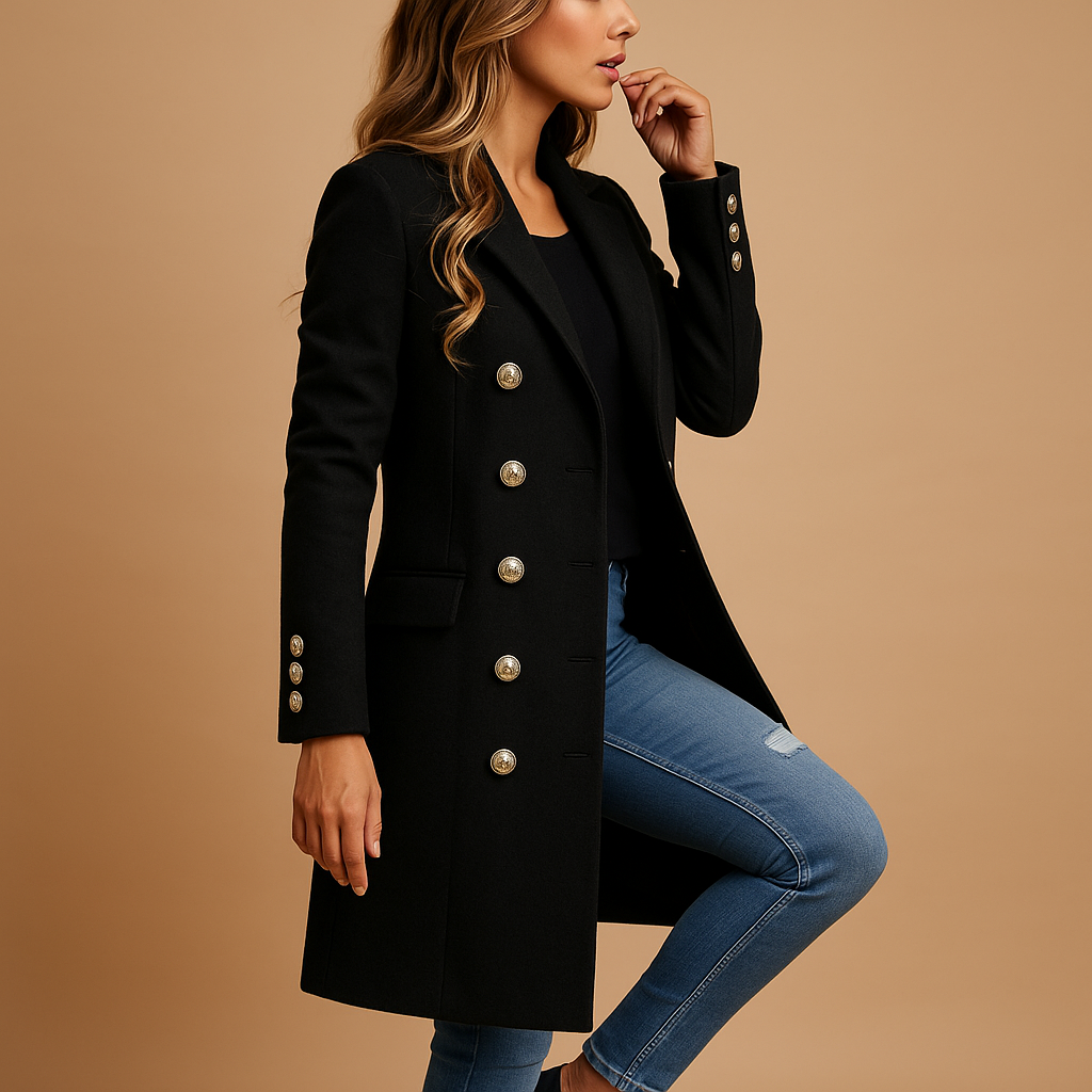 Women’s long belted trench coat with double-breasted buttons and adjustable waist belt, available in black or yellow for all-season elegance.