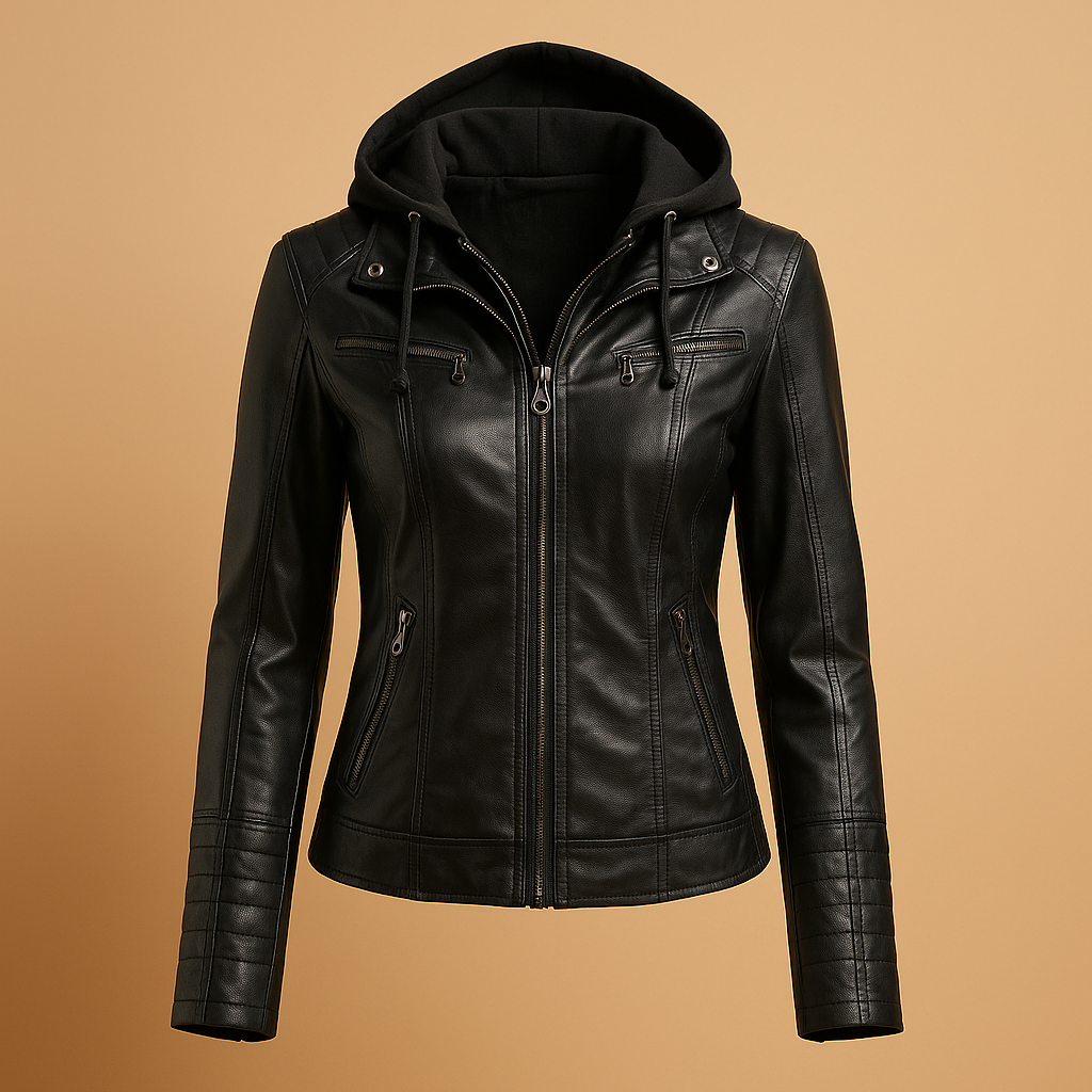 Women’s biker jacket in premium genuine leather with tailored fit, durable design, and versatile style for casual or formal outfits.