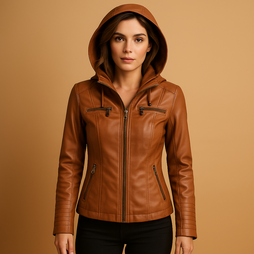 Women’s biker jacket in premium genuine leather with tailored fit, durable design, and versatile style for casual or formal outfits.