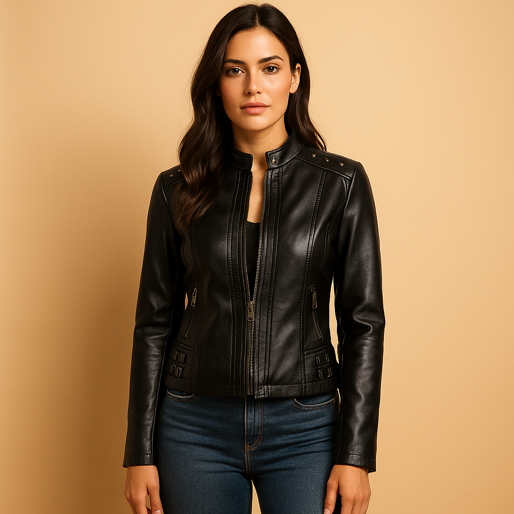 Women’s biker-style jacket with shoulder studs, metal accents, and a structured silhouette ideal for spring and autumn layering.