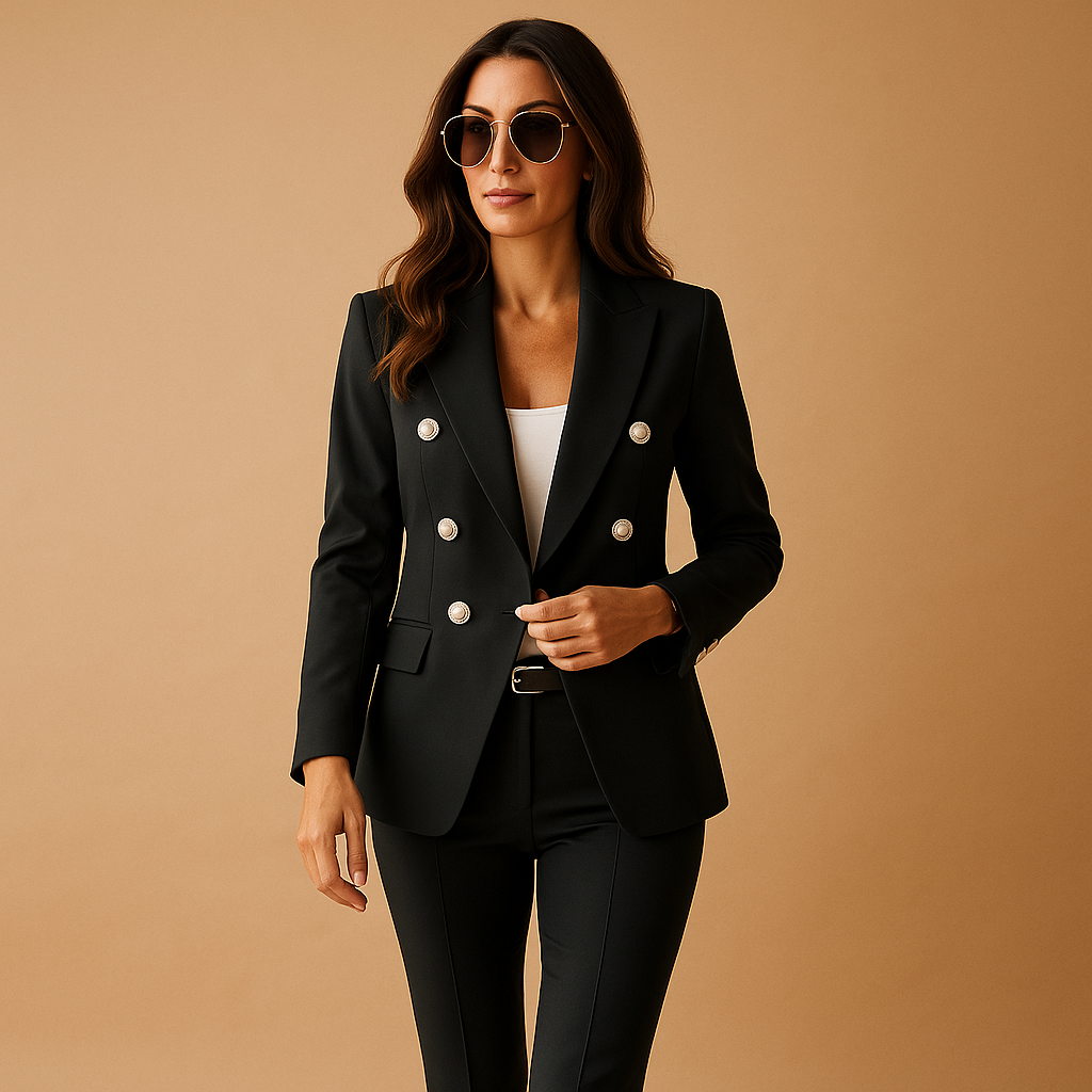 Elegant blazer and pants suit for women with tailored fit and classic design, ideal for business meetings, workwear, or formal occasions.