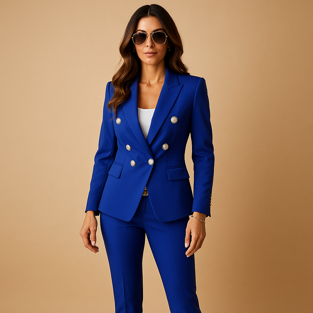 Elegant blazer and pants suit for women with tailored fit and classic design, ideal for business meetings, workwear, or formal occasions.