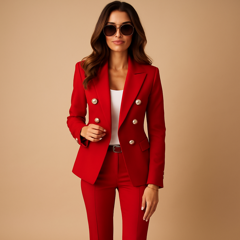 Elegant blazer and pants suit for women with tailored fit and classic design, ideal for business meetings, workwear, or formal occasions.