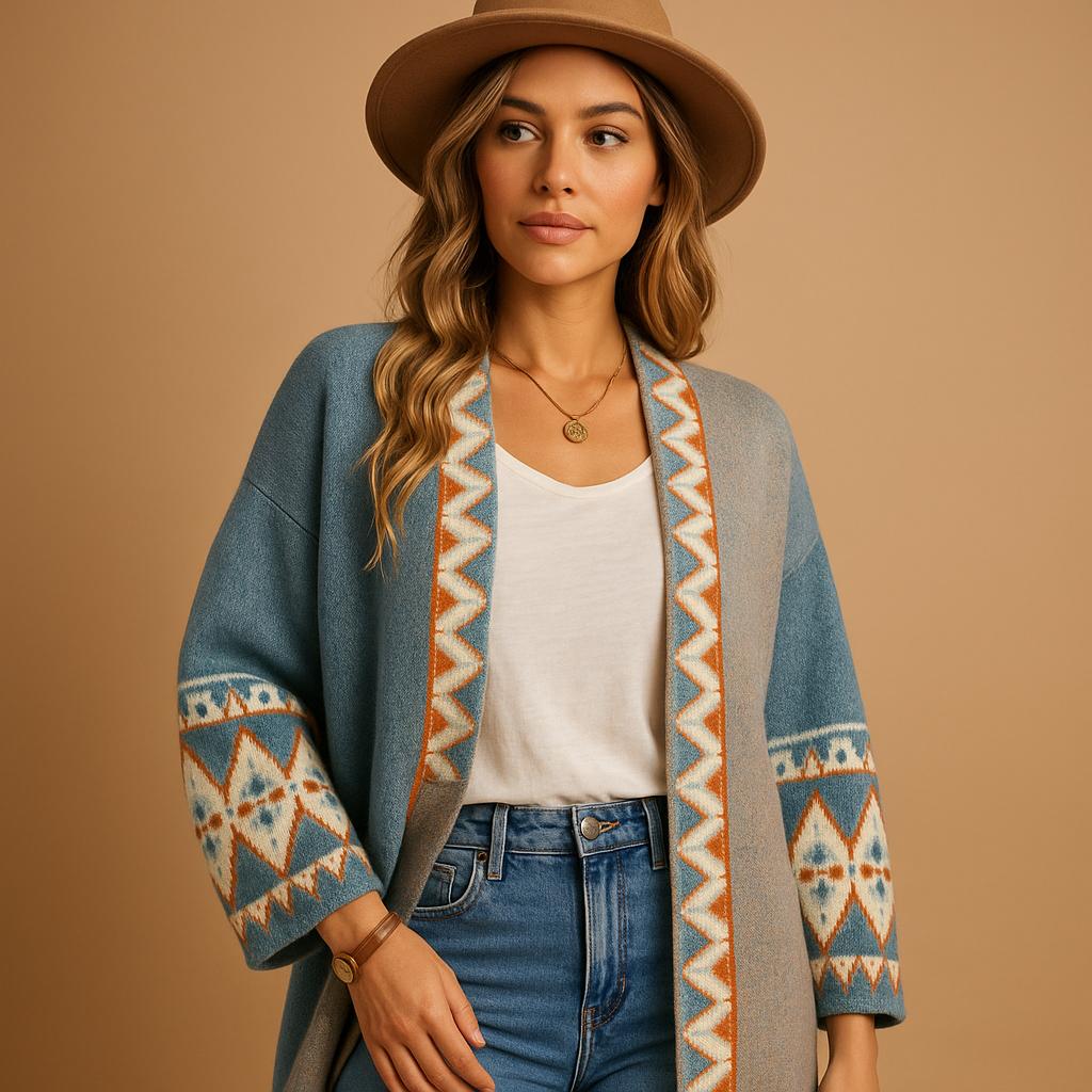 Women’s bohemian jacquard cardigan with colorful accents, relaxed fit, soft wool blend, perfect for casual outfits or creative boho-inspired looks.