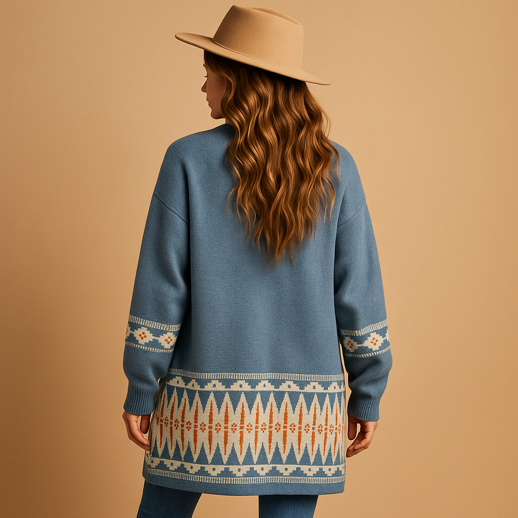 Women’s bohemian jacquard cardigan with colorful accents, relaxed fit, soft wool blend, perfect for casual outfits or creative boho-inspired looks.