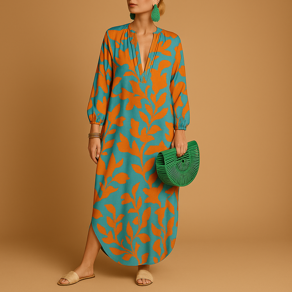 Women’s boho maxi dress with long sleeves and relaxed fit, perfect for summer days, beachwear, and festival outfits.