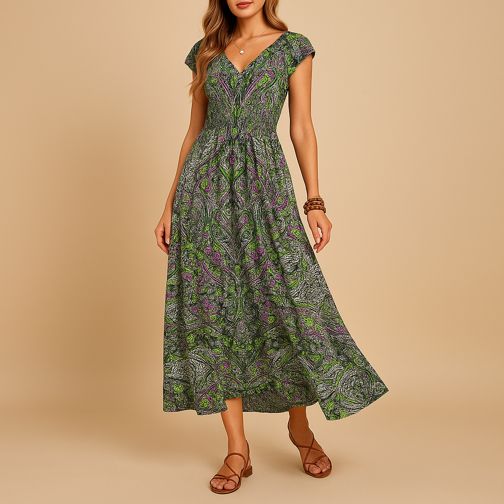 Women’s boho maxi summer dress with high waist and flowing fit, perfect for beach days, festivals, and casual summer outings.