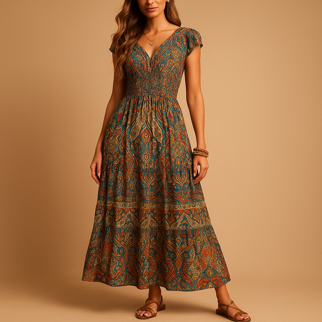 Women’s boho maxi summer dress with high waist and flowing fit, perfect for beach days, festivals, and casual summer outings.